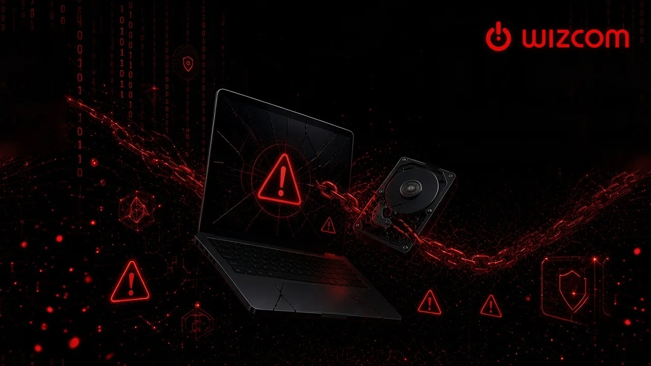 A cracked laptop showing a red warning sign, chained to a failed hard drive, with the Wizcom logo
