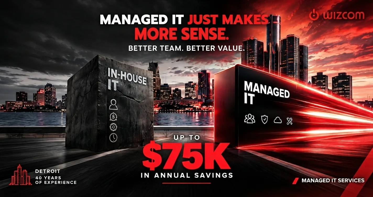 Managed IT just makes more sense. Better team, better value: a cracked in-house IT block beside a solid managed IT block over the Detroit skyline, up to $75K in annual savings