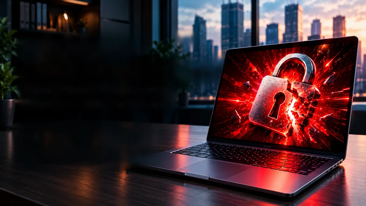 Laptop on a desk at dusk with a cracked red padlock on its screen and a city skyline behind