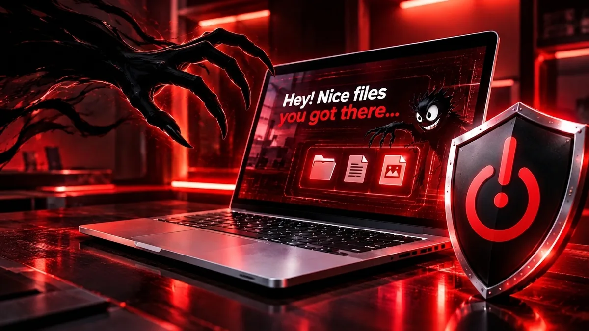 A shadowy clawed hand reaching toward a laptop whose screen reads Hey! Nice files you got there, guarded by a shield with the Wizcom power symbol